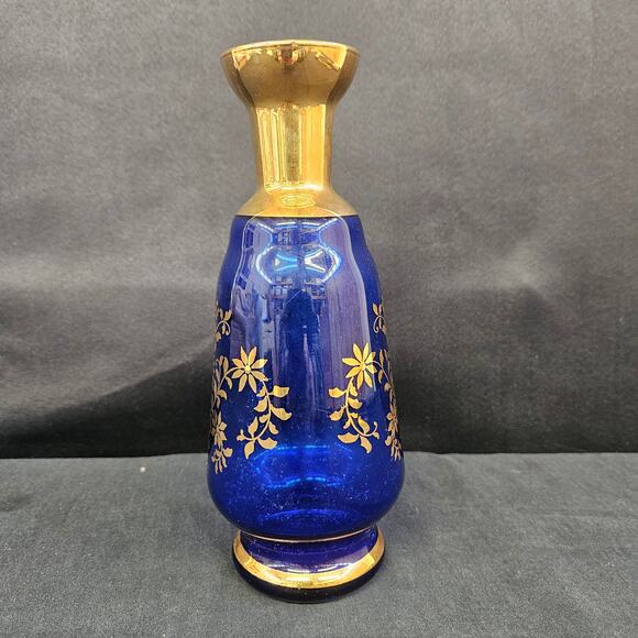 Hut Jakub Tasice Blue Cobalt Gilded Vase with Enamel Hand Painting Czech 8" - Picture 4 of 9